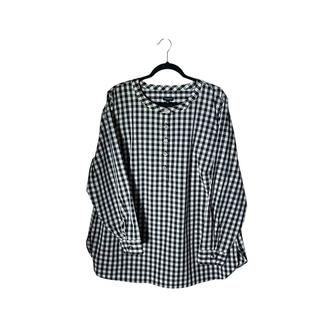Talbots Plus 2X Black White Gingham Stretch Cotton Blouse w/ Rhinestone Buttons